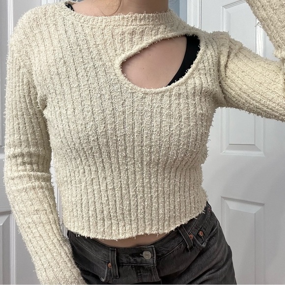 Zara Sweater Cropped Cream Cut Out Streetwear Indie Knit Ribbed Casual Medium - Picture 8 of 8